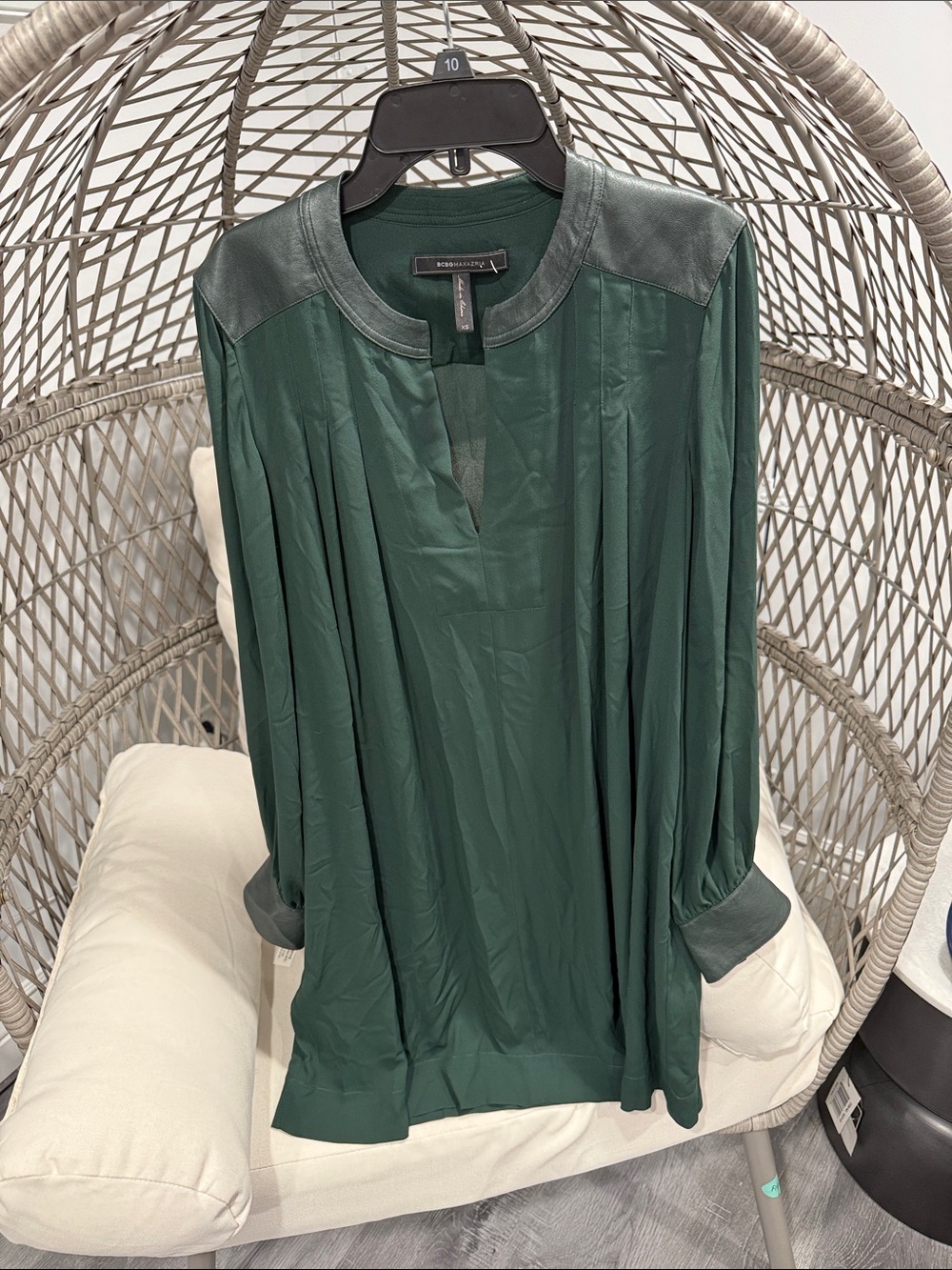 BCBGMaxAzria Forest Green flowy  mini dress with Leather Trim